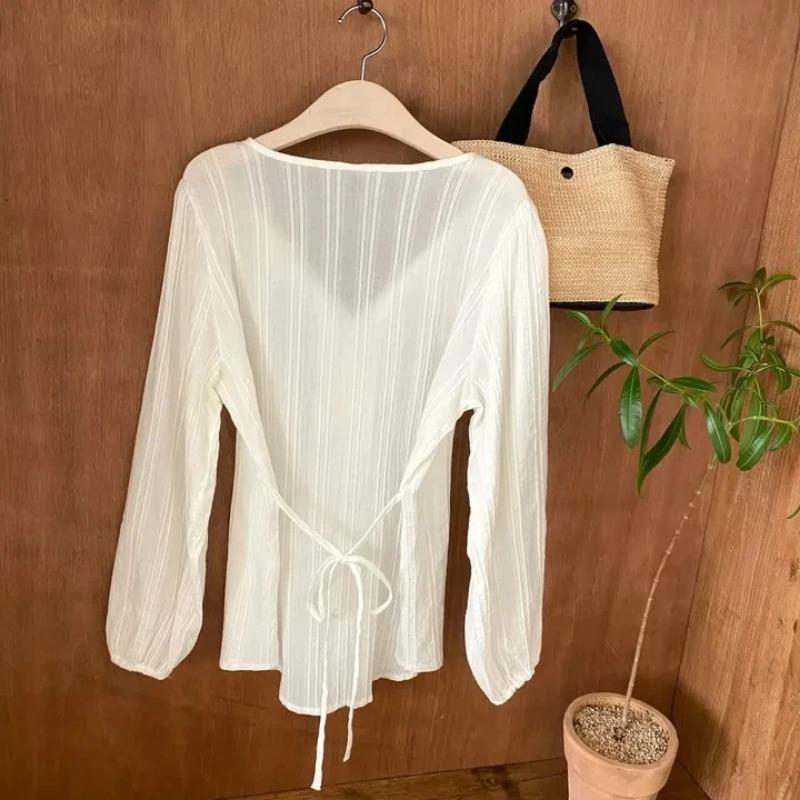 Korean Series Chic Chic Top Women Autumn French Sle Gentle Sweet Temperament Lapel Lace-up Waist Hugging Slimming Long Sleeve