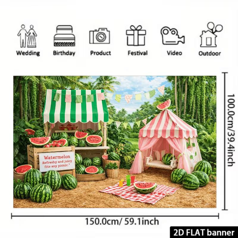 2D Watermelon Summer Backdrop Tropical Jungle Picnic Photography Background for Kids Birthday Party
