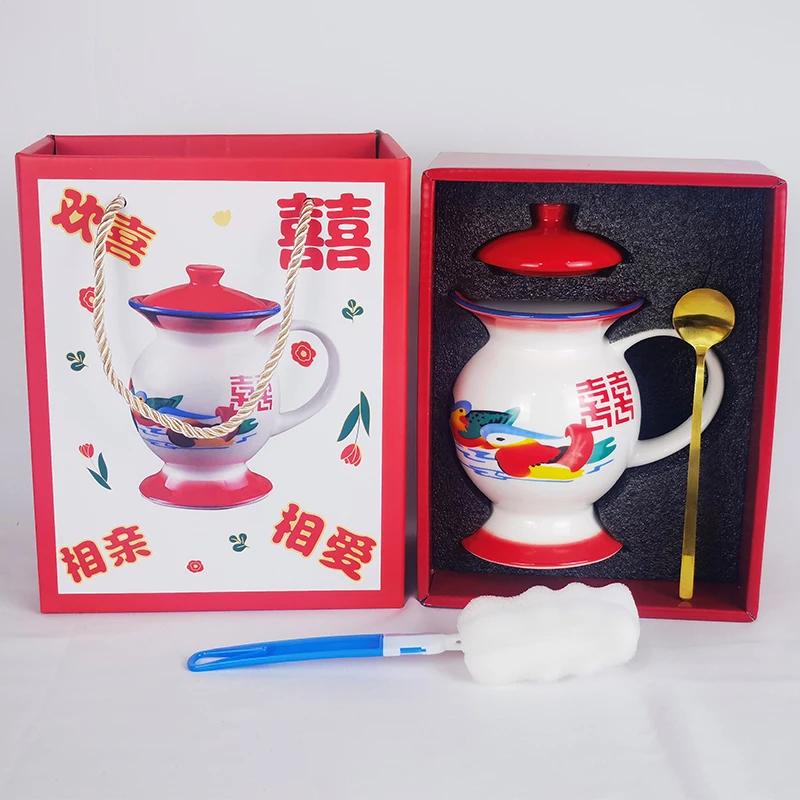 Mug Ceramic Spittoon Shape Water Cup Animal Printing in-Glaze Decoration Retro Funny Personalized Custom Red Blue Chinese Style