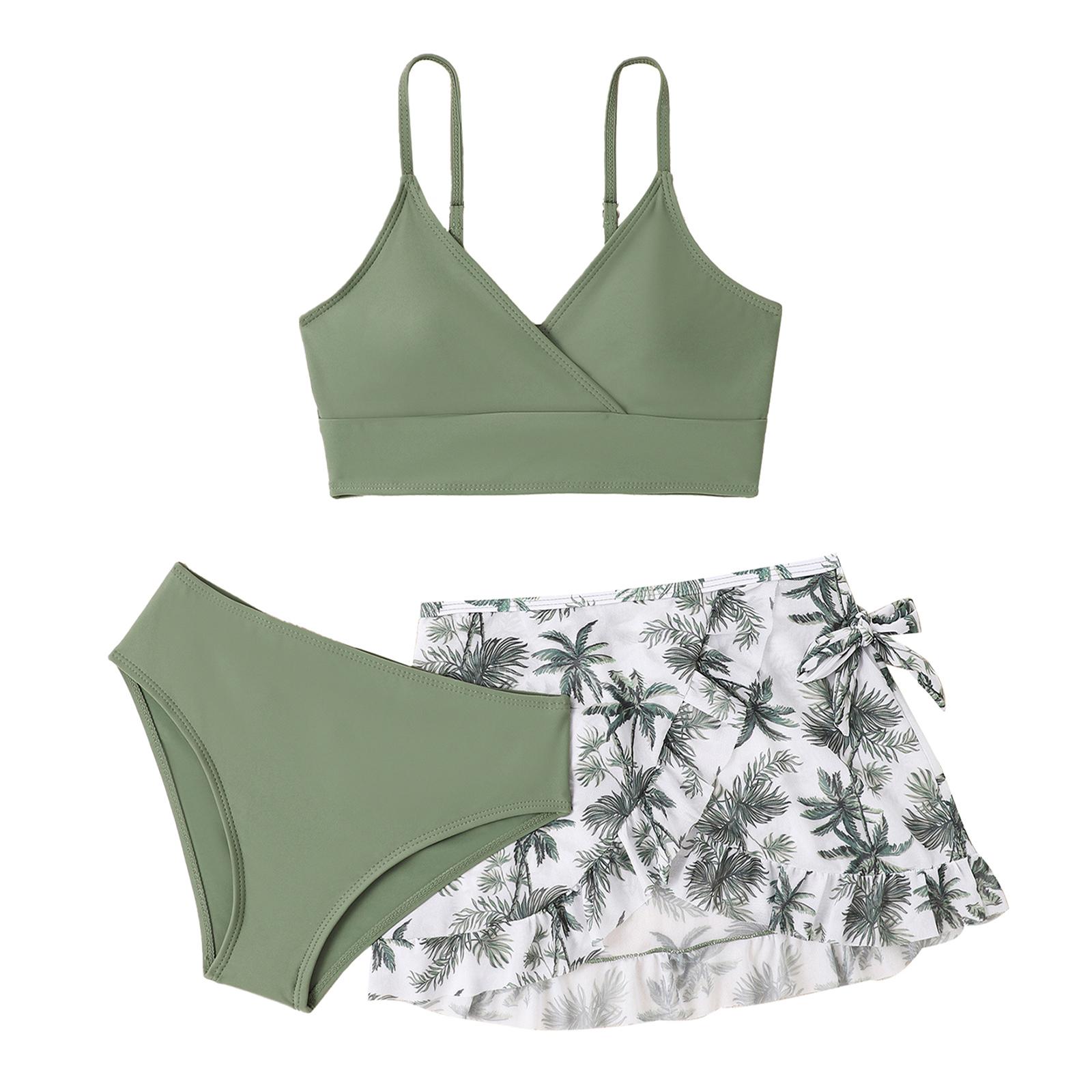 IEFiEL Meisjes badpakken 3-delig gewatteerd bikini badpak met omslagrok Bloemenprint strand surf tankini badmode 11-12 Years groen