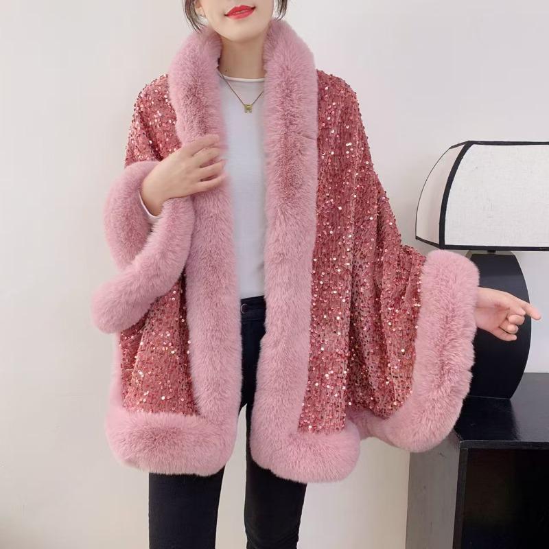 Autumn and Winter Plus Velvet Thickened Big Fur Collar Sequined Shawl Women's Fashion Short Cloak Top