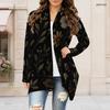 Women Plus Size Open Front Long Sleeve Draped Collar Floral Printed Black Curved Hem Cardigan