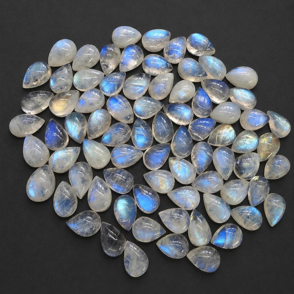 AAA+ Rainbow Moonstone Teardrop Flat Back Cabochon | Calibrated Pear Loose Gemstone for Jewelry Making & Wholesale