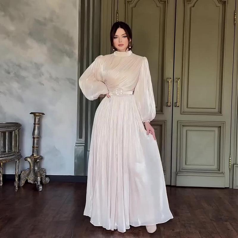 2024 Summer European & American Solid Color Lantern Sleeve Waist-tie Socialite Dress