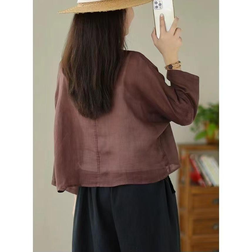 Summer Retro Thin Cotton Linen Cardigan Pure Color Lacing Sunscreen Cardigan Short Jacket Vintage Chinese Style Shawl