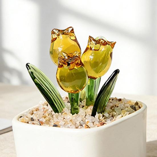 Handcraft Blown Glass Flower Figurine Mini Faux Crystal Tulip Bouquet In Pot for Women Mom Wedding Mother's Day Office Home Table Centerpiece