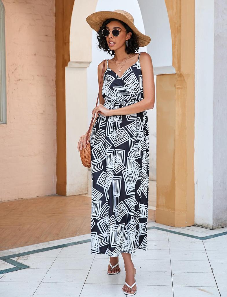 European and American Print Waist-Cinching Summer Midi Sling Dress for Women