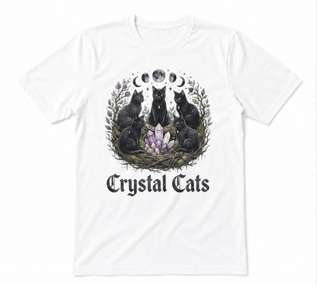 Mystical Black Cat Witchy Moon Crystal Cats Graphic Tee White T-shirt