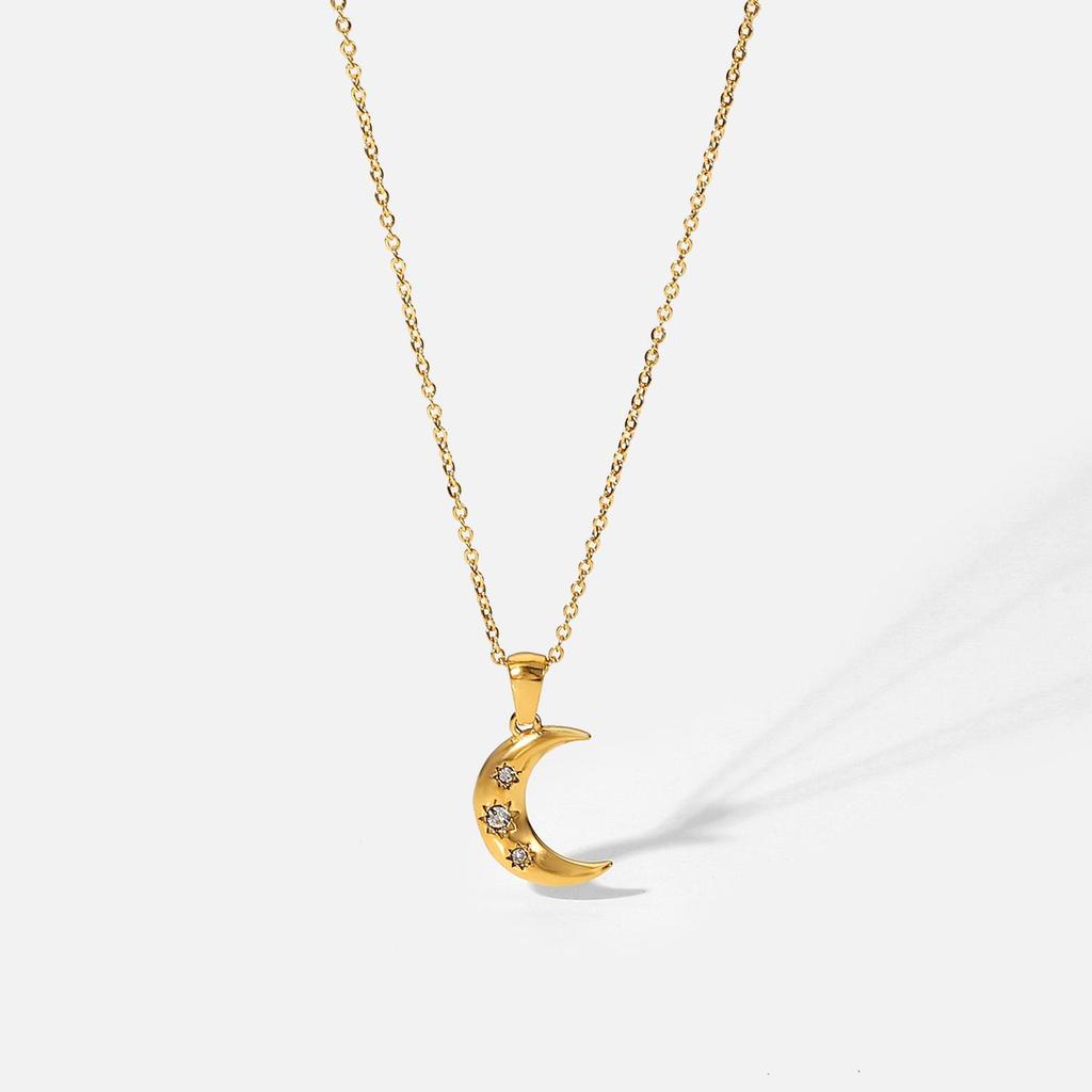 18K Gold Plated Stainless Steel Necklace Set with Triple Zircon Moon Pendants - Women's European/American Influencer Style