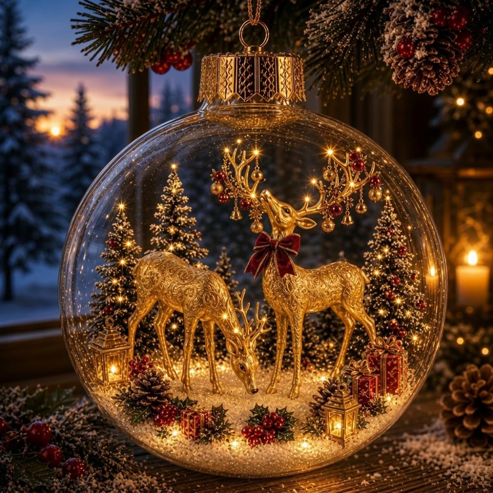 Vintage Winter Glowing Christmas Ball Ornament LED Warm Lights Snow House 3D Christmas Hanging Bauble Plastic Acrylic