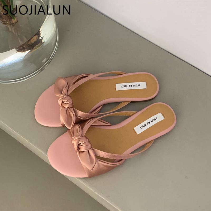 Fashion SUOJIALUN 2025 Summer New Brand Women Slipper Fashion Bow-knot Slip On Ladies Sandal Shoes Flat Heel Outdoor Casual Dress Slide