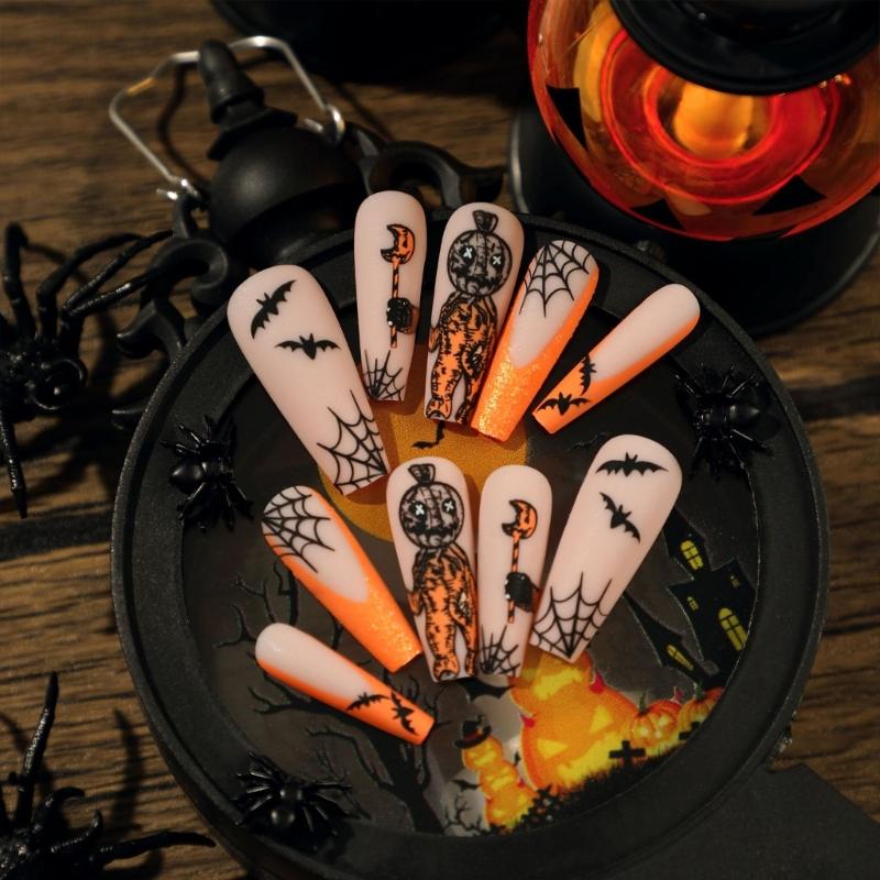 1 Sheet Coffin Press on Nails French Fake Nails Tips Full Cover Acrylic Nails Glossy Horrible Halloween False Nails