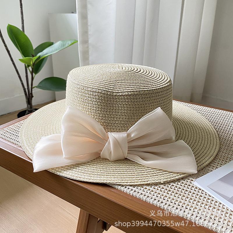 Hat Women's New Spring and Summer Straw Bow Straw Hat Versatile Flat Top Sunscreen Sun Hat Tide