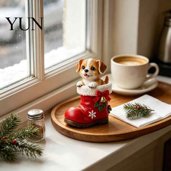 Seasonal Living Room Accents Christmas Puppy in Santa Boot Resin Figurine, Cute Dog Holiday Tabletop Decor with Ornaments Bow Bell Holly, Festive Home