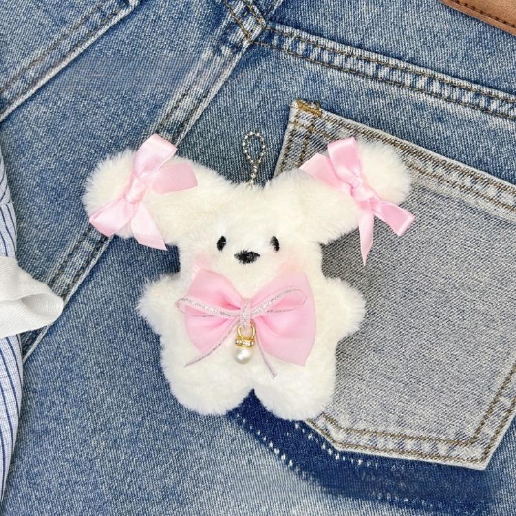 Puppy Toy Keychain with Bowknot Cartoon Big Ear Dog Plush Dolls Keyring Pendant Backpacks Bag Charm for Women and Girls