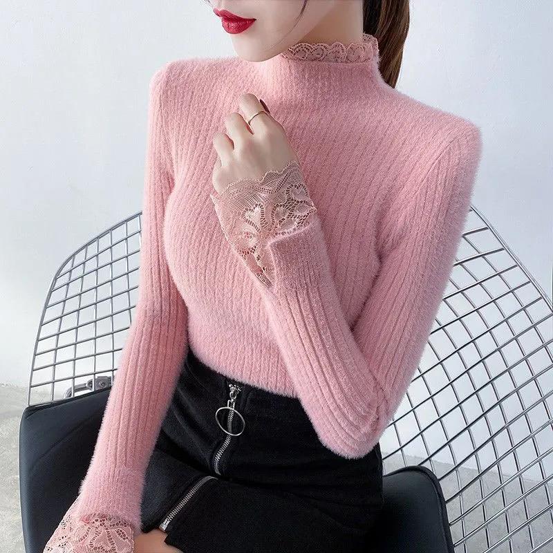 Fleece-Pullover für Damen, Herbst und Winter, halber Rollkragen, Spitzeneinsätze, großzügiger Schnitt, eng anliegendes Strick-Unterhemd