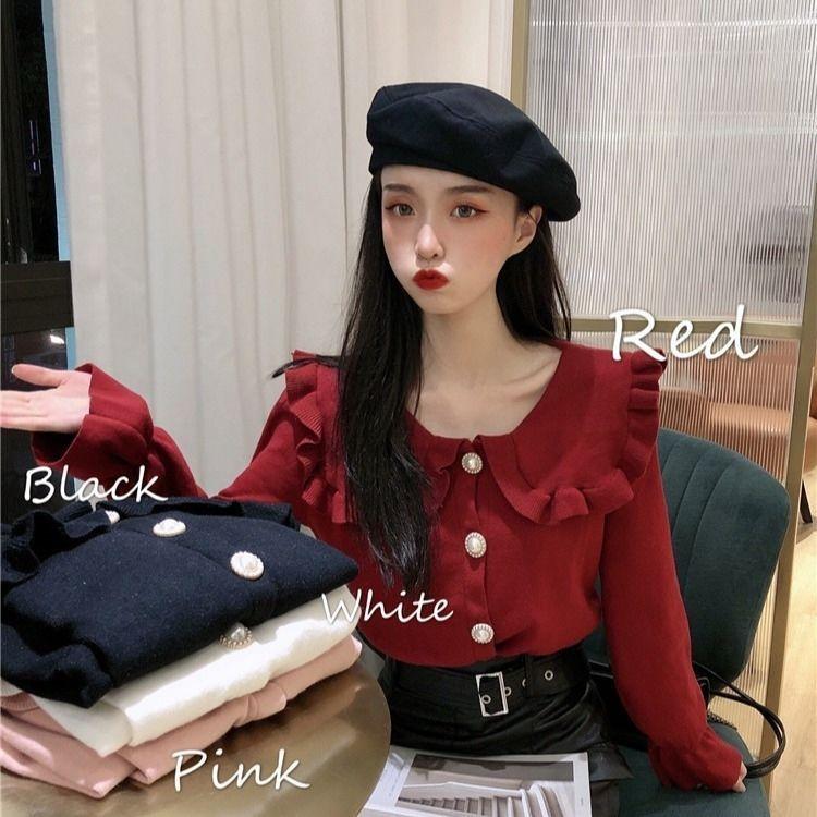 Big Collar Sweater Small Person with Flared Sleeves Collar Knit Base Cardigan Doll Collar Top Sweet