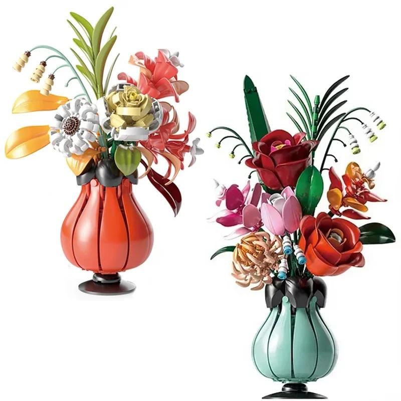 Rose Solsikke Tulipan Byggeklosser Blomsterbukett Vase Modell Klosser Sett Hjemmedekorasjon Barn Pedagogisk Leketøy Feriegaver