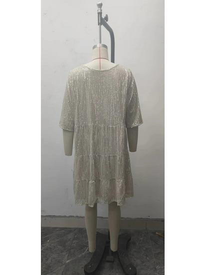 2025 Solid Color Sequin Round Neck Loose Waist Short Sleeve Evening Dress