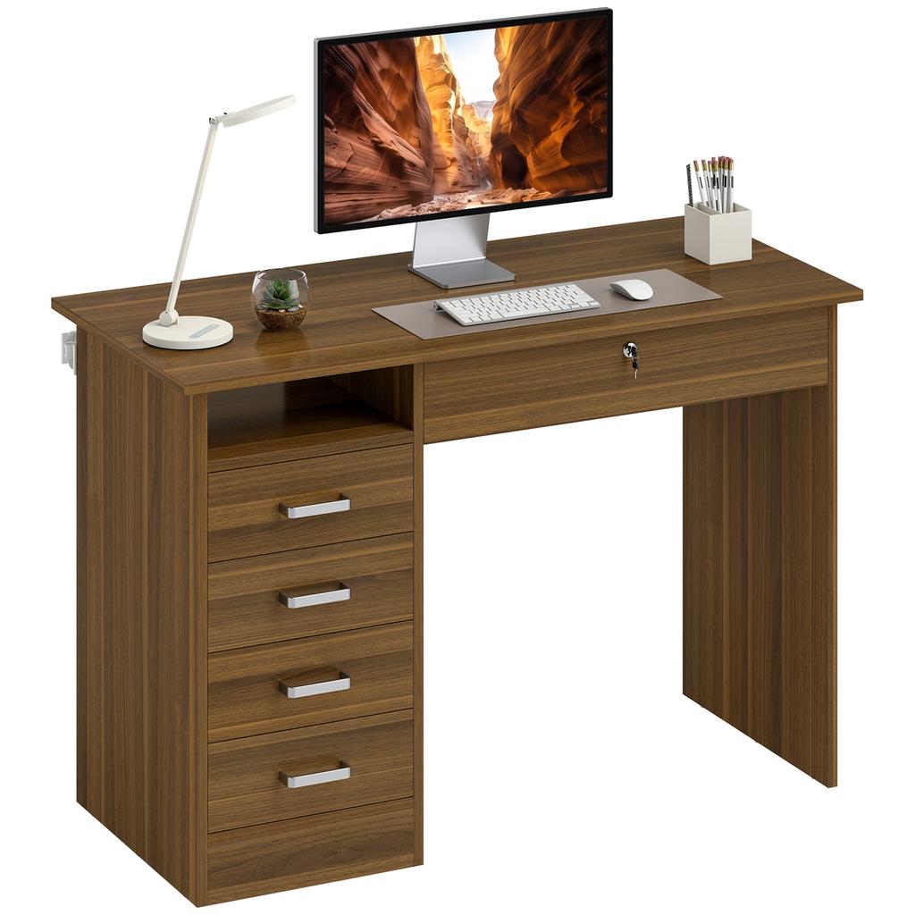 Computer Desk, 5 Drawers, 110 x 50 cm, Open Shelf, Lockable Drawer, Walnut