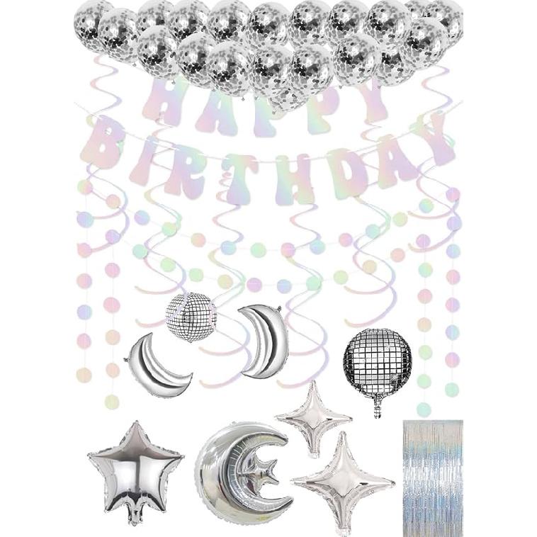 Disco Party Decorations, Iridescent Happy Birthday Banner Cute Foil Birthday Sign Hanging Streamer Balloon for 60s 70s 80s Women Men Cool Retro