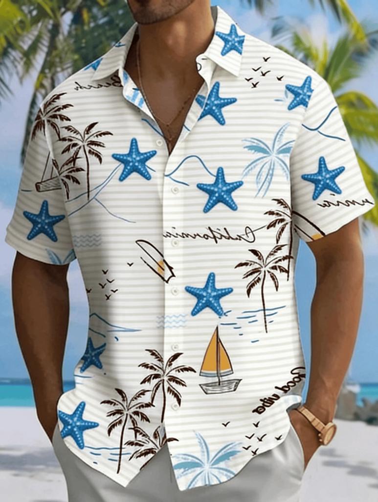 Ocean Life Print Short Sleeve Shirt, Stylish Casual Summer Wear