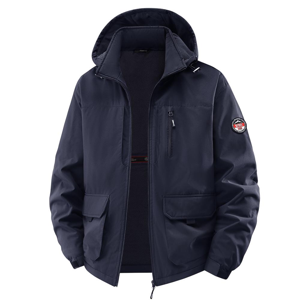 

Outdoor Sports Windproof Waterproof Thickened Warm Removable Hood Jacket Fashionable Fleece-Lined Epaulette Design Trench Coat M