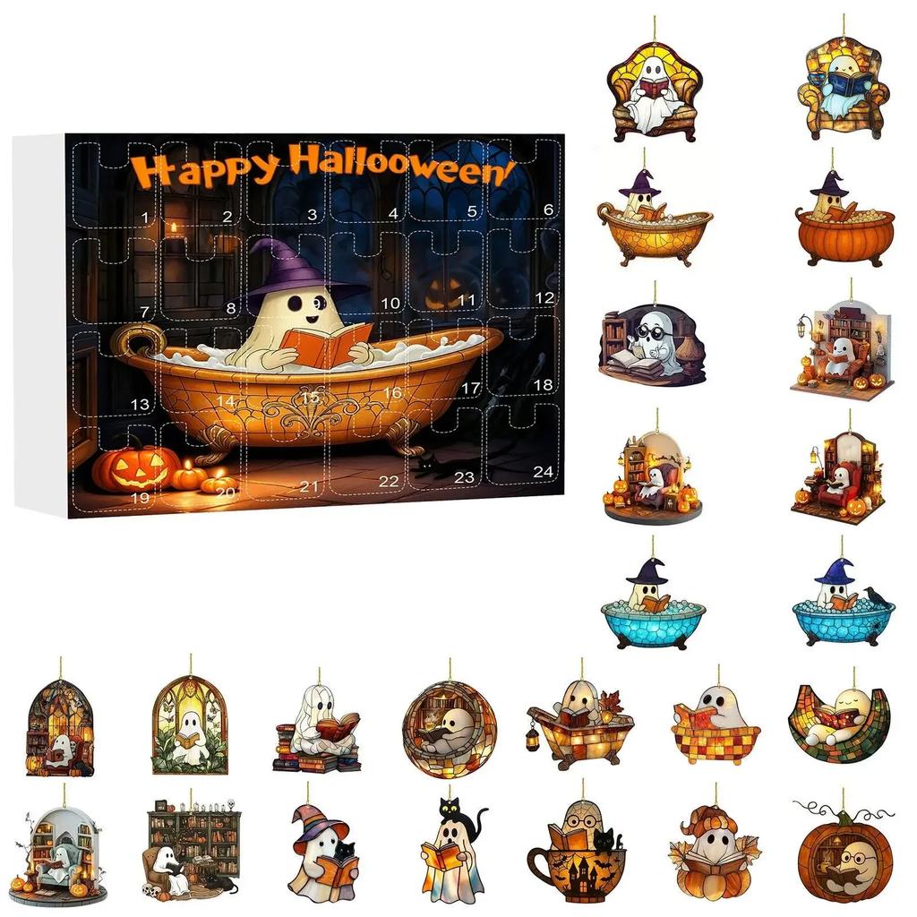 Lesender Geist Acryl Flachanhänger Set Halloween Dekorationen 24 Stile Geist Lesen 2D Ornament 24-Tage Countdown Sammlerstück