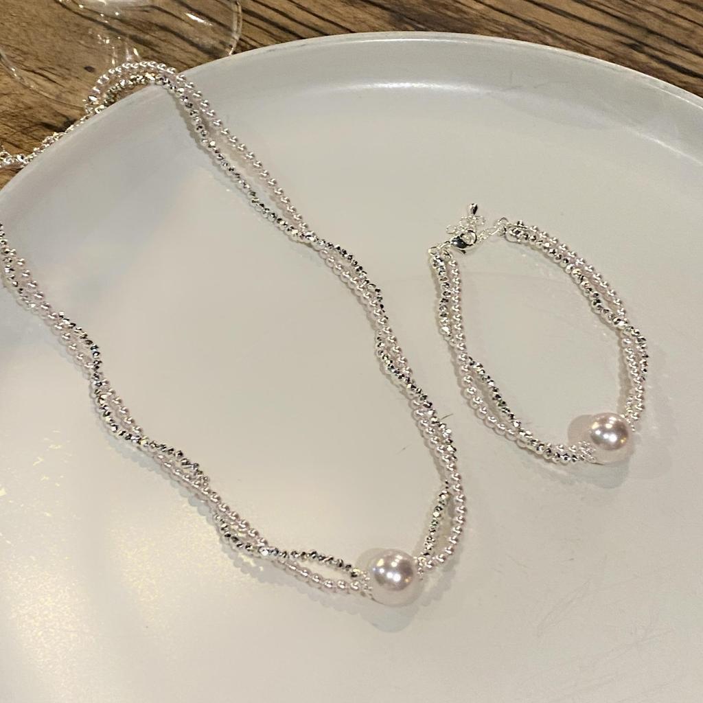 French Retro Light Luxury Double-Layer Pearl Pendant Jewelry Set: Bracelet & Necklace for Women