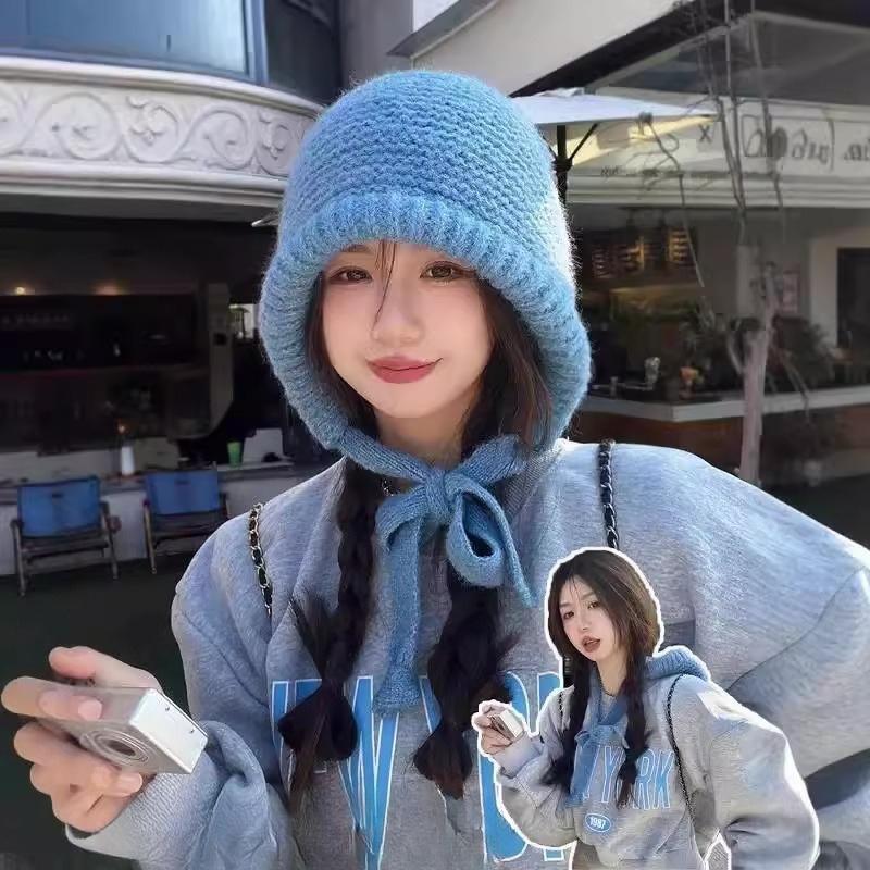 Korean Style Fashion Bag Hat for Women Autumn and Winter Solid Color Casual Large Headband Strap Knitted Wool Hat Balaclava