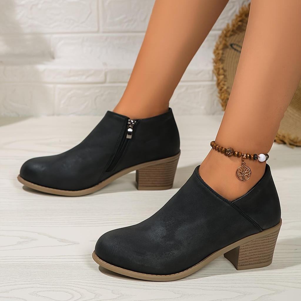 Damskie stylowe botki za kostkę z zamkiem błyskawicznym, okrągłym noskiem, wygodne, codzienne buty