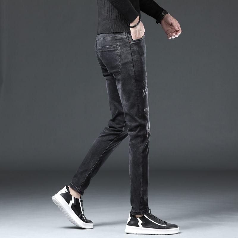 Černé džíny pánské podzimní high-end trendový potisk výšivkou Tenké jarní a podzimní modely small foot jeans kalhoty