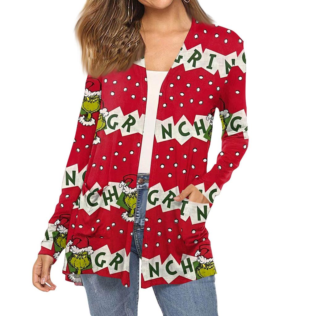 Women's Fashion Christmas Print Long-Sleeved Pocketed Slim-Fit Cardigan Coat