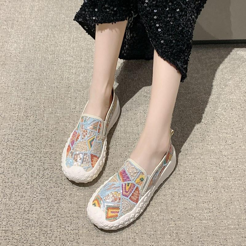 CRLAYDK Women's Sequin Loafers Printed Driving Moccasins Casual Slip On Comfortable Ladies Lightweight Walking Flat Shoes