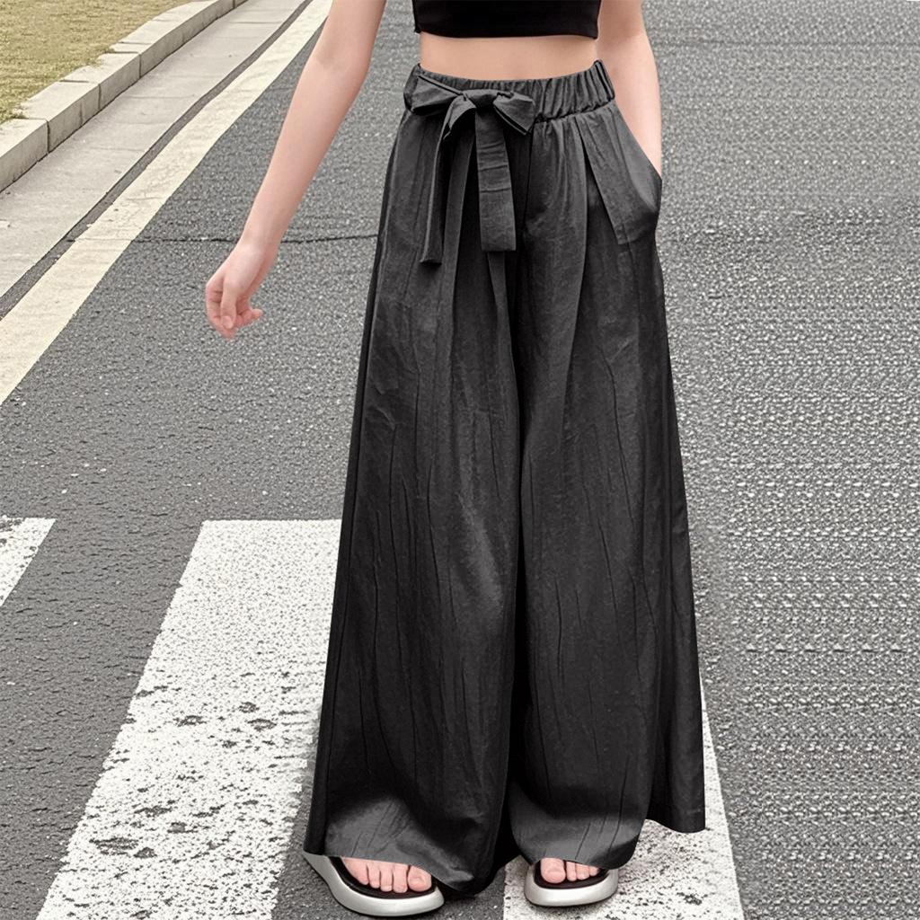 Summer Solid-color Ice Silk Wide-leg Pants, Casual Straight-leg Pants For Middle-aged Children