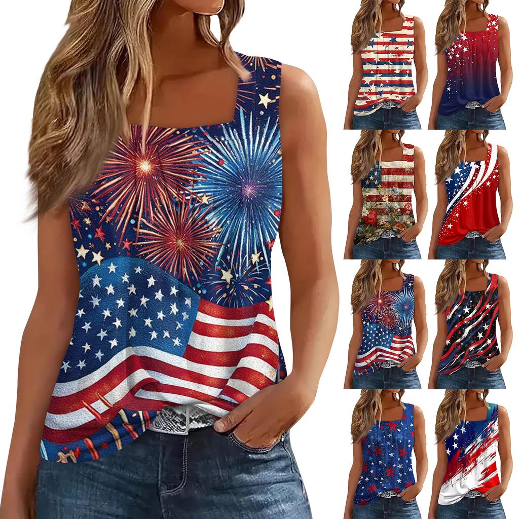 Square Collar Tank Top Women Print Tank Tee Casual Loose Fit Sleeveless Shirt