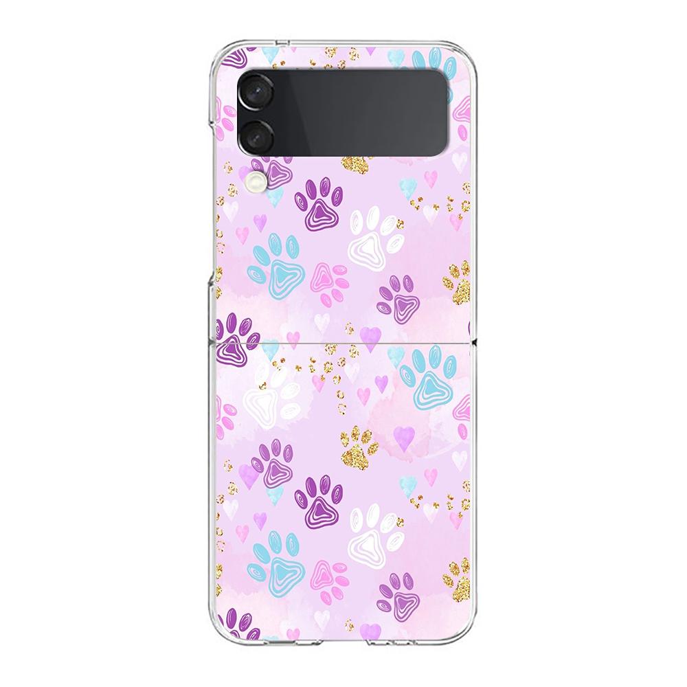 Dog Footprint Paw Cute Hard PC Phone Case For Samsung Galaxy Z Flip 5 4 3 Transparent Cover For Galaxy Z Flip 6 Shockproof Capas