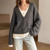 Women's V-Neck Loose Fit Knit Sweater Long Sleeve Casual Color Pullover
