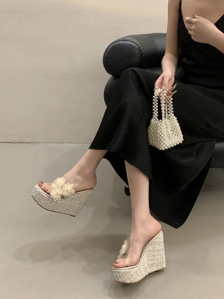 Fashion Eilyken Summer Open Toe Platform Wedges Slippers Women Fashion Flower PVC Transparent Thick Bottom Heels Slide Shoes