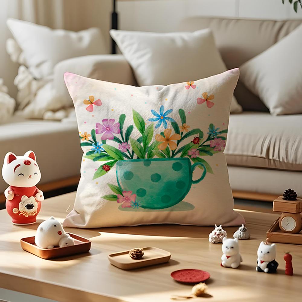 Painting Cup of Flowers Pillow Case Anti-dustmite Pillowcase Invisible Zipper Silky Short Plush Sofa Cushion Cover