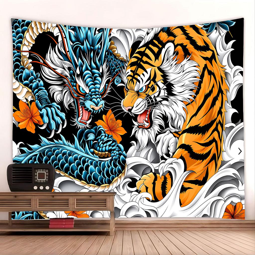 1Pc Dragon And Tiger Fight Printed Tapestry Living Room Background Wall Art Decoration Multi Size Space Pendant