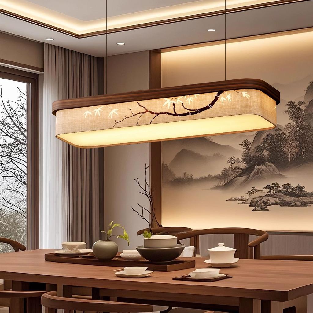 Rectangular Dining Room Pendant Lamp, Solid Wood Fabric, Ink-wash Painting, Bamboo Branch, Tea Room, Bar, Table Lamp