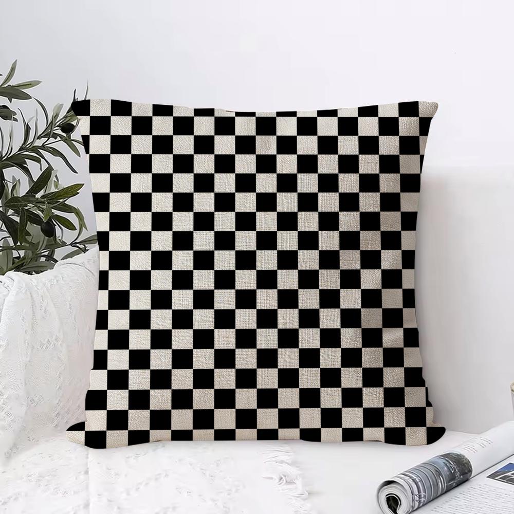 Black White Checkerboard Cushion Cover Breathable Linen Pillow Cover Skin-Friendly Home Decor Pillowcase With Hidden Zipper
