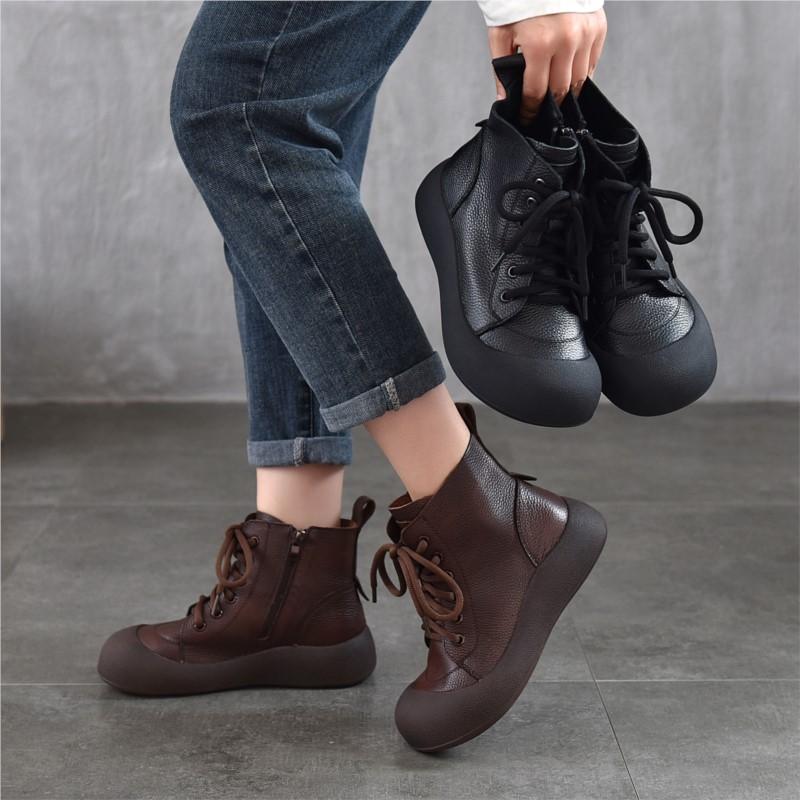 Johnature Retro Women's Ankle Boots Genuine Leather Lace Up Thick Soled Cowhide Short Boots