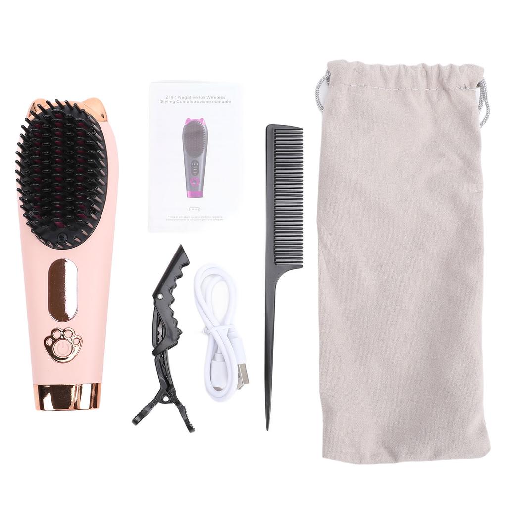 Cordless Straightening Brush 3 Temperature Settings 3000mAh Battery Portable Hair Straightener Brush Pink