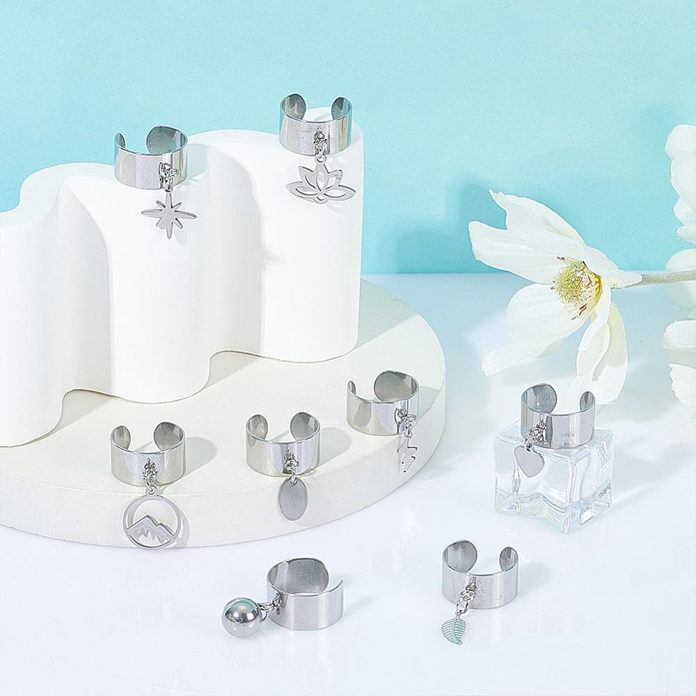 8Pcs 304 Stainless Steel Cuff Rings, with Stainless Steel Charms, Mixed Shapes, Stainless Steel Color, 33~39mm
