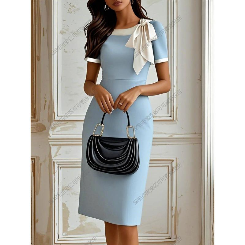 New women's clothing crew neck bow contrasting color slim dress splicing socialite party banquet dress