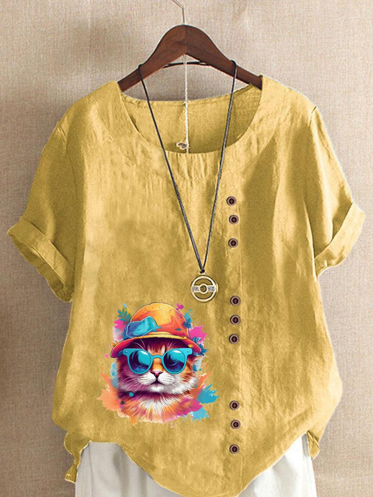 Women's Fashion Colorful Cat Print Round Neck Short Sleeve T-shirt Summer Casual Cotton Linen Graphic Shirt Leisure Loose Blouse Tops