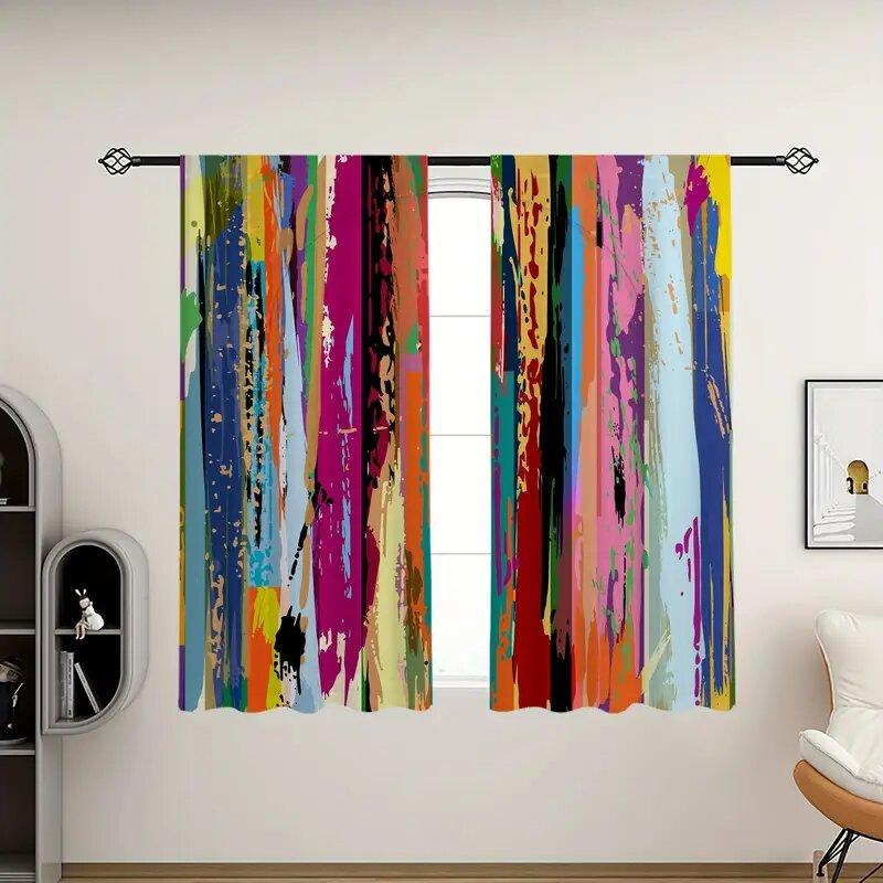 2pcs -A beautiful multi-color combination print curtains, pole bag curtains, home decoration, room decoration