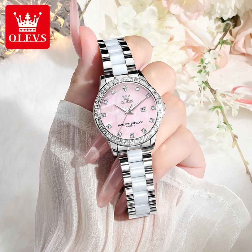 OLEVS Womens Watch Luxury Elegant Fashion Rhinestone Bezel Ceramic Strap Wristwatch Waterproof Date Watches